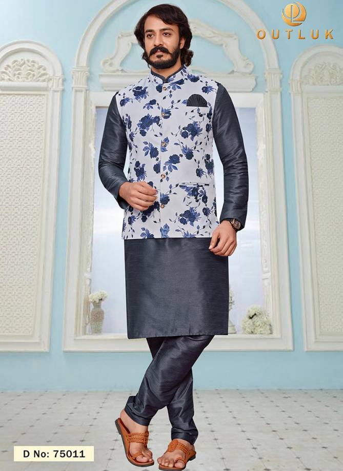 Dark Gray And Off White Colour Outluk Vol 75 Latest Designer Festive Wear Kurta Pajama With Jacket Collection 75011